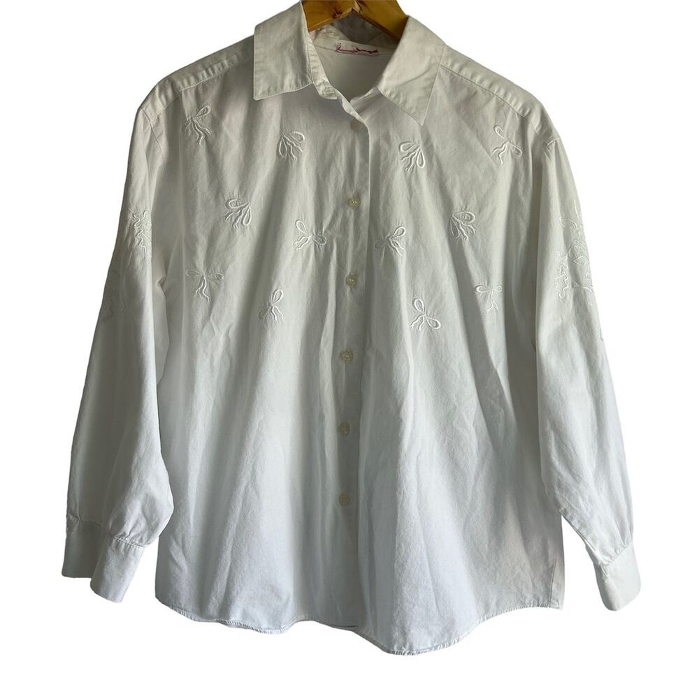 Coquette White Cotton Embroidered Bow Button Up‎ Shirt Blouse Top Size Large